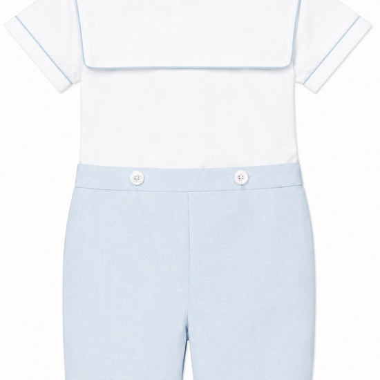 Carriage Boutique personalized white and light blue cotton bobby suit with sailor collar and button details