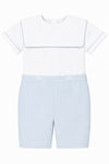 Carriage Boutique personalized white and light blue cotton bobby suit with sailor collar and button details