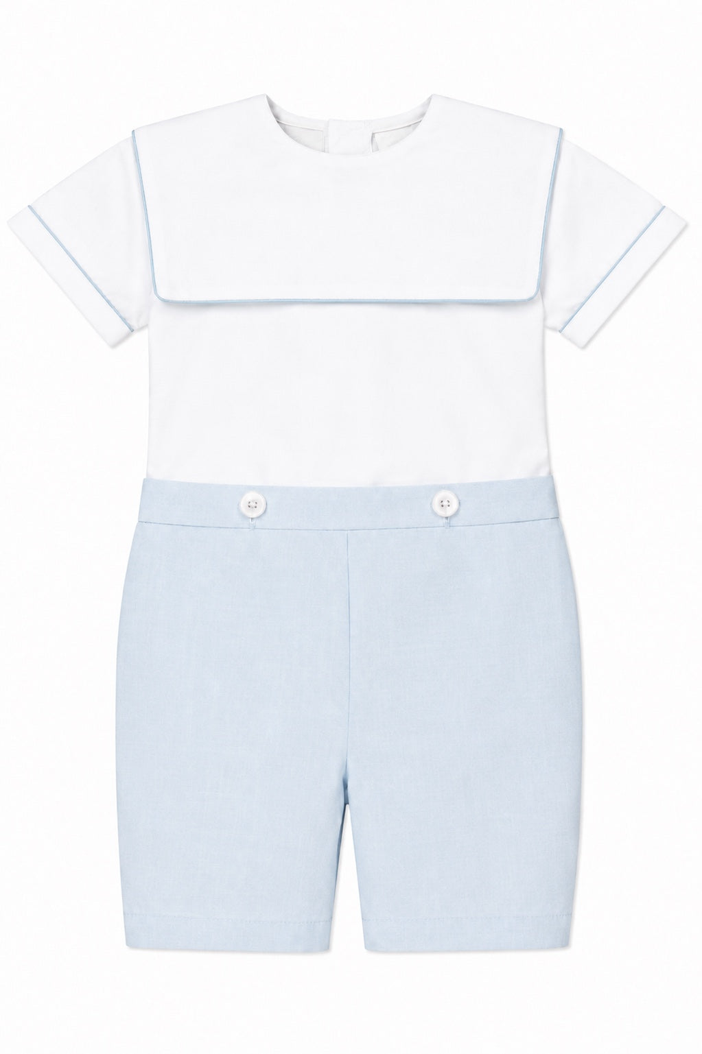Carriage Boutique personalized white and light blue cotton bobby suit with sailor collar and button details