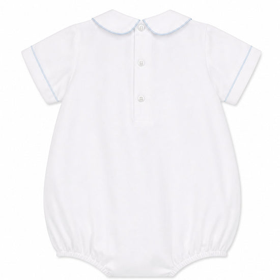 Carriage Boutique white bubble romper with blue piping and smocked carousel horse embroidery.