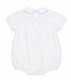 Carriage Boutique white bubble romper with blue piping and smocked carousel horse embroidery.