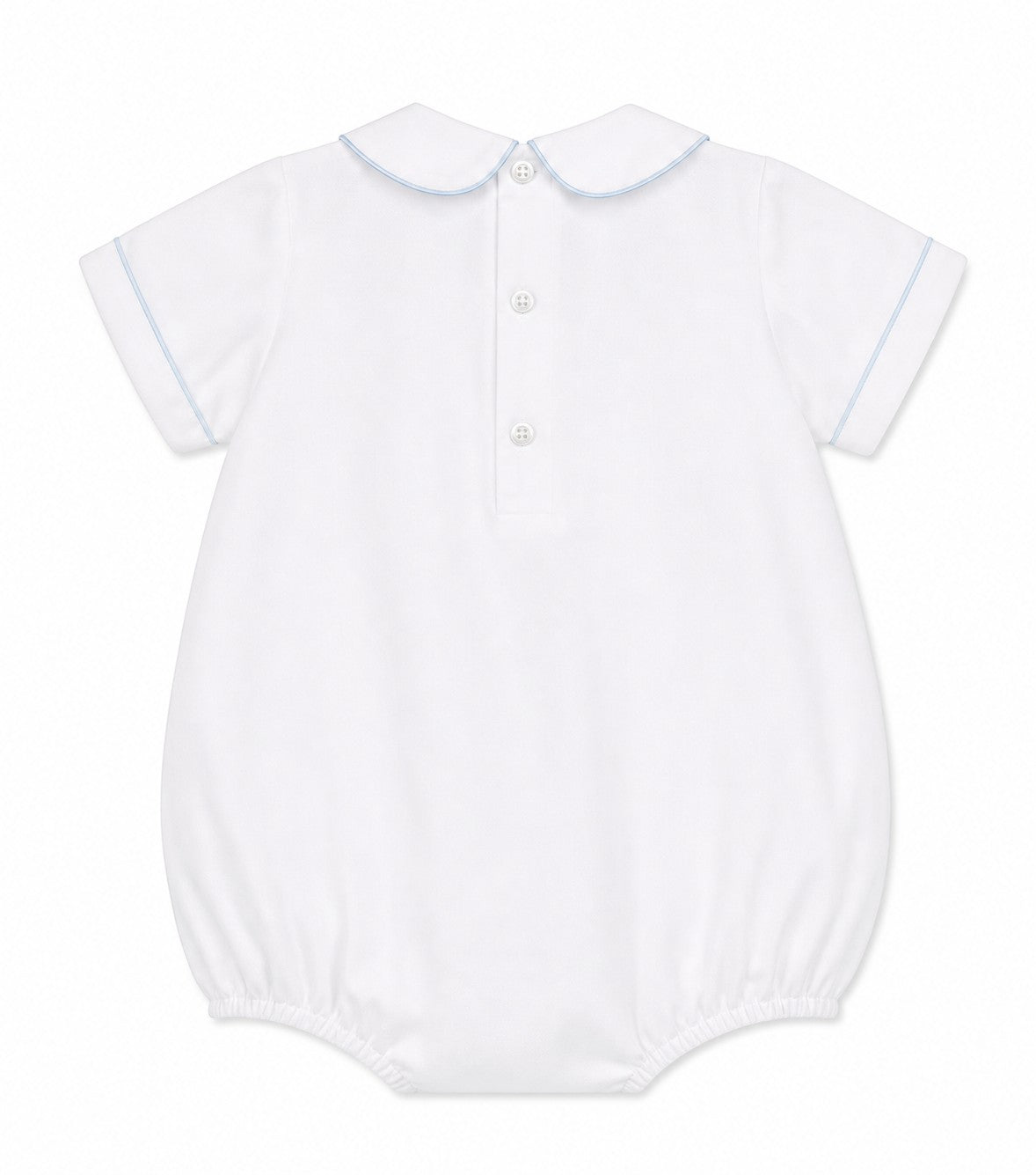 Carriage Boutique white bubble romper with blue piping and smocked carousel horse embroidery.