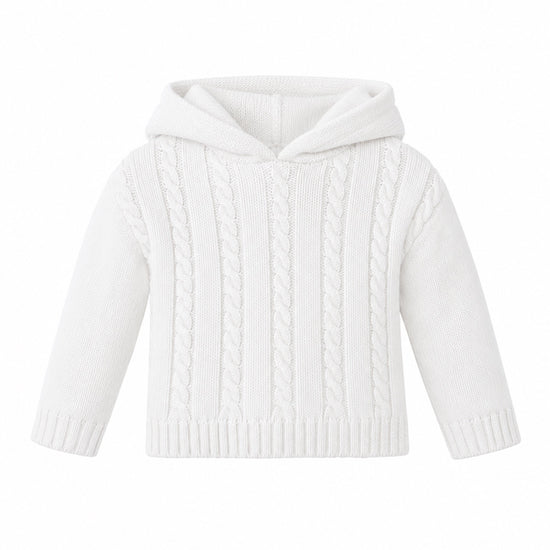 Carriage Boutique white cable knit baby sweater with a hood, made from soft cotton for cozy everyday wear.