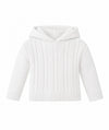 Carriage Boutique white cable knit baby sweater with a hood, made from soft cotton for cozy everyday wear.