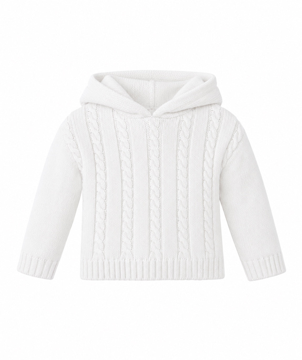Carriage Boutique white cable knit baby sweater with a hood, made from soft cotton for cozy everyday wear.