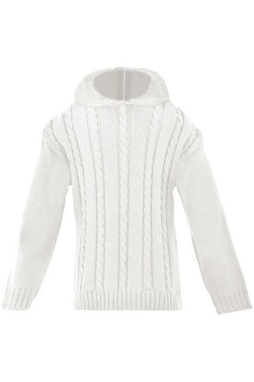 Carriage Boutique white cotton cable knit baby sweater with a hood and long sleeves, shown from the front.