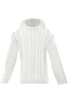 Carriage Boutique white cotton cable knit baby sweater with a hood and long sleeves, shown from the front.