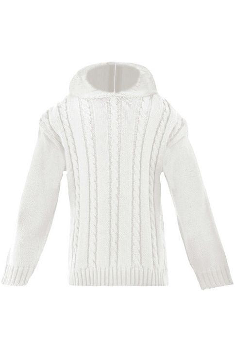 Carriage Boutique white cotton cable knit baby sweater with a hood and long sleeves, shown from the front.
