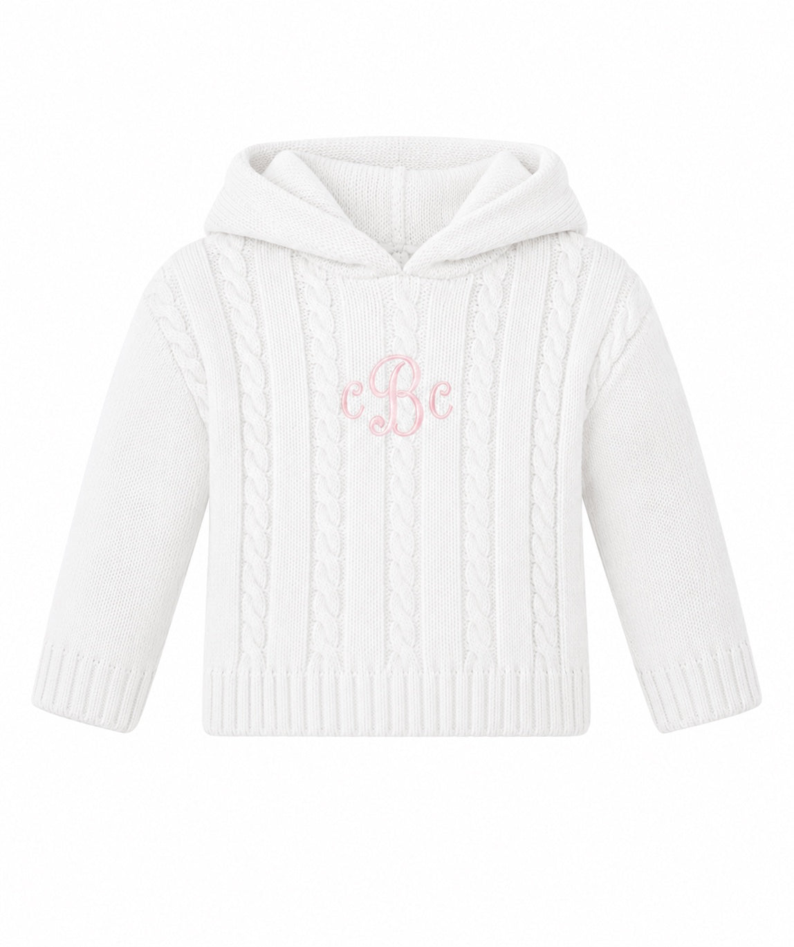 Carriage Boutique white cotton cable knit baby sweater with a hood and custom pink monogram embroidery on the chest.
