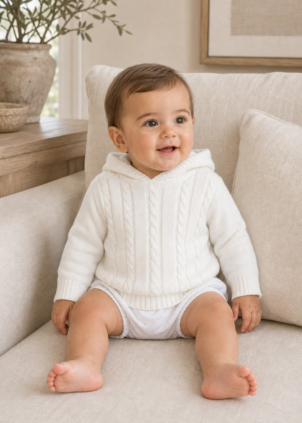 Carriage Boutique white cotton cable knit hooded baby sweater worn by a smiling baby sitting on a beige sofa.