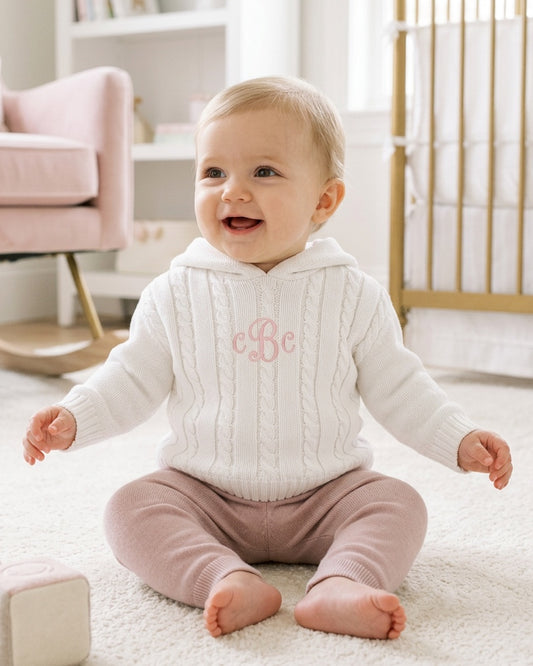 Carriage Boutique white cable knit hooded baby sweater with pink monogram, worn by a smiling baby in a nursery.
