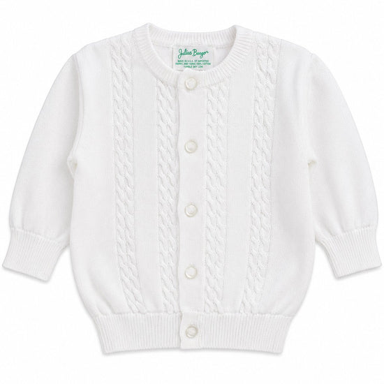 Carriage Boutique white cable-knit cotton baby boy cardigan with a button-front closure and crew neckline.