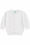 Carriage Boutique white cable-knit cotton baby boy cardigan with a button-front closure and crew neckline.