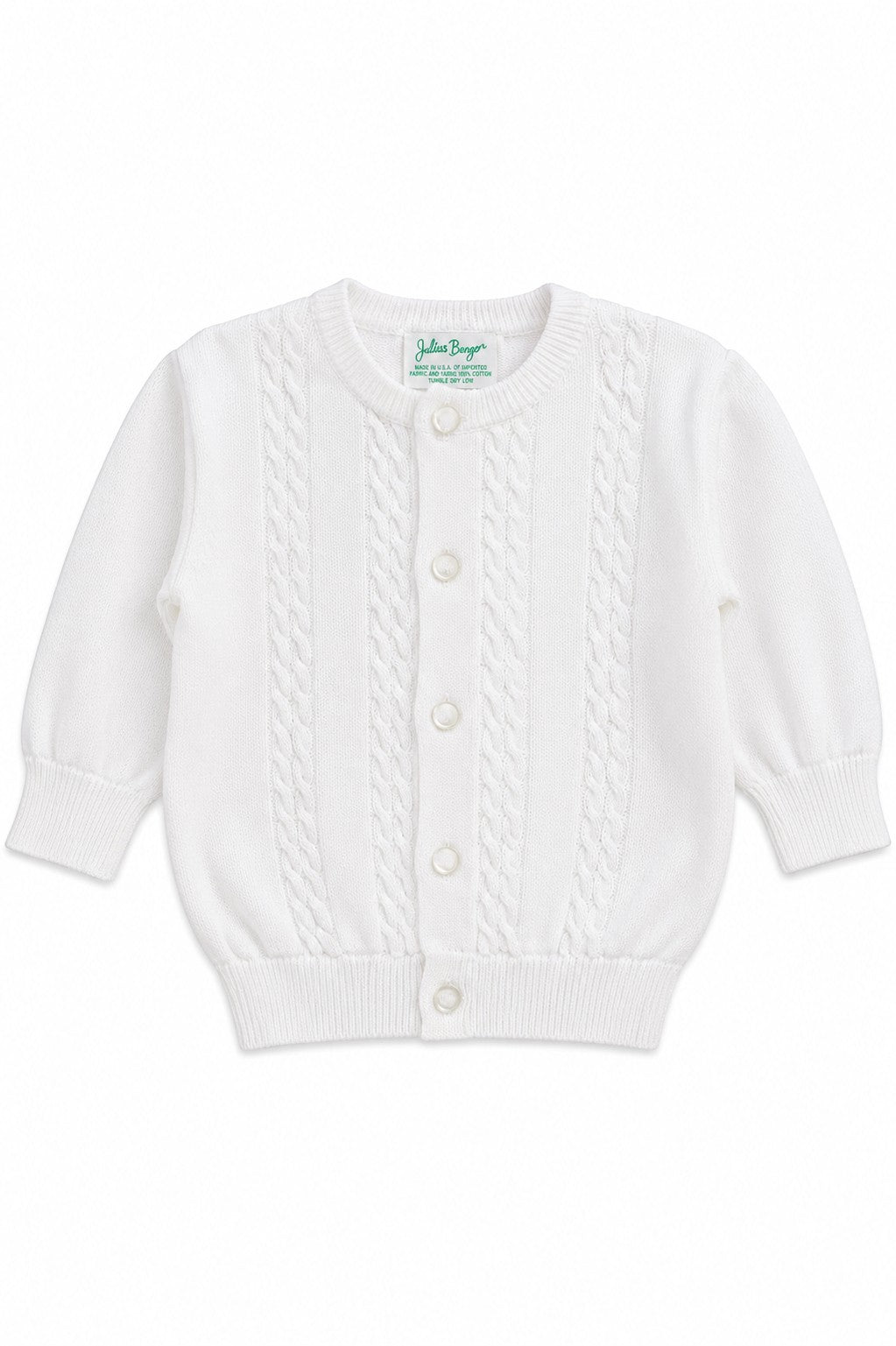 Carriage Boutique white cable-knit cotton baby boy cardigan with a button-front closure and crew neckline.