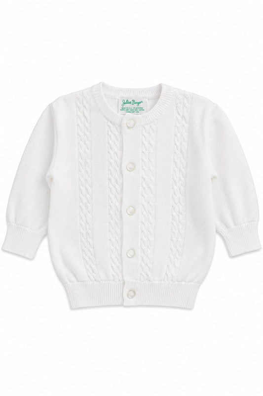 Carriage Boutique white cable-knit cotton baby boy cardigan with a button-front closure and crew neckline.