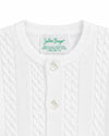 Carriage Boutique white cable-knit cotton baby boy cardigan with button-front closure and crew neckline.