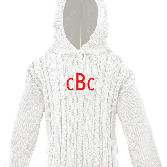 Carriage Boutique white cotton cable knit hooded baby sweater with red monogram on the chest