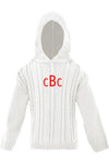 Carriage Boutique white cotton cable knit hooded baby sweater with red monogram on the chest