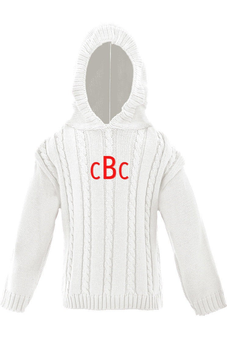 Carriage Boutique white cotton cable knit hooded baby sweater with red monogram on the chest
