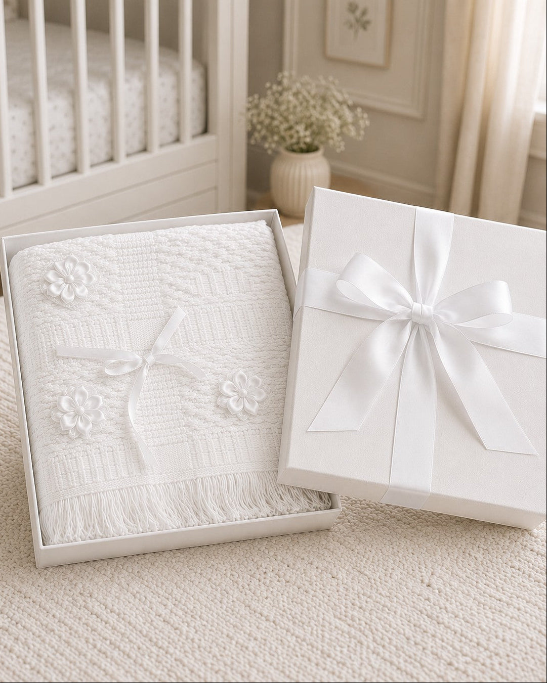 Carriage Boutique Julius Berger white christening blanket with floral accents and fringe in a gift box.