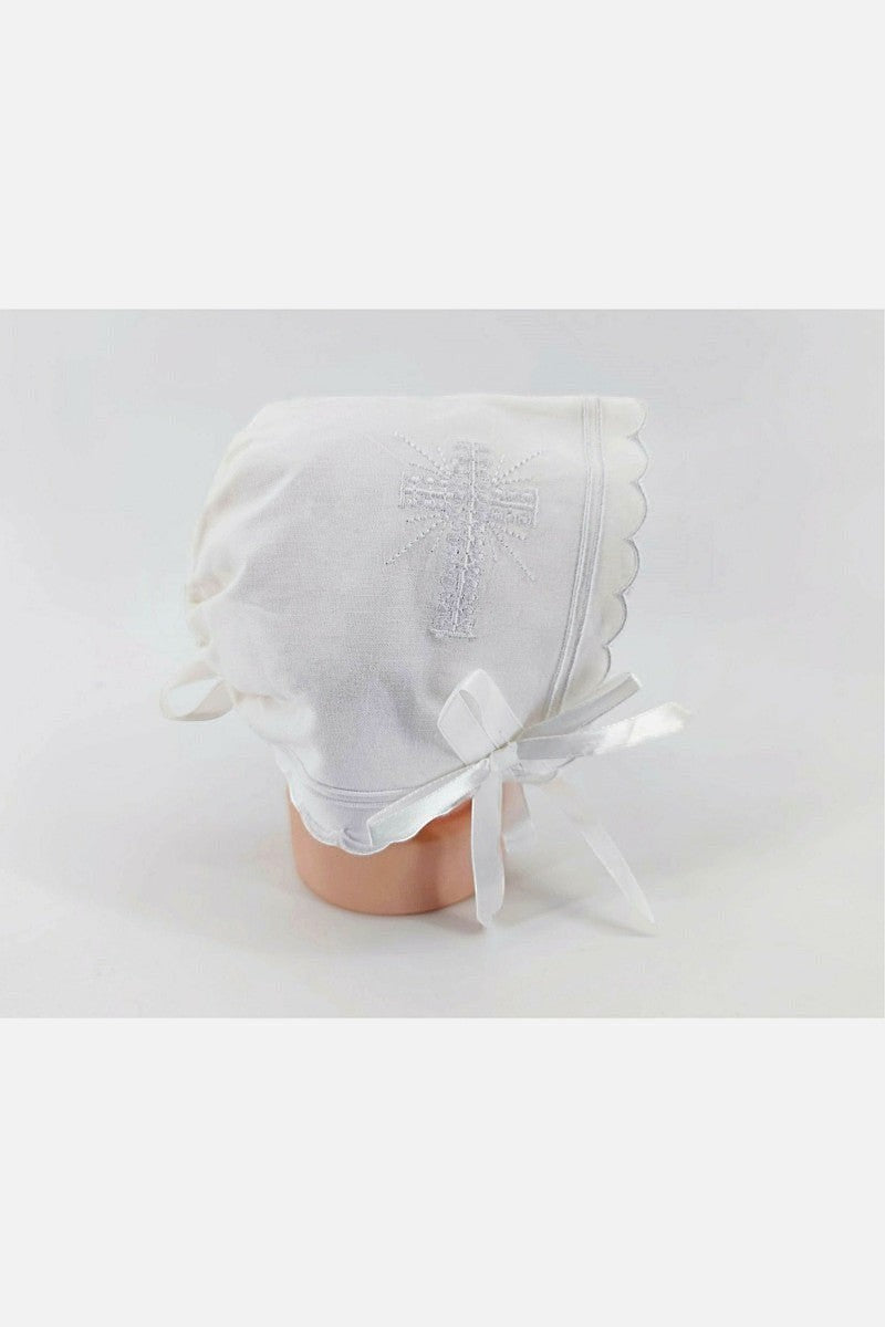 Carriage Boutique white cotton baby bonnet with embroidered cross and scalloped edge, satin ribbon tie.