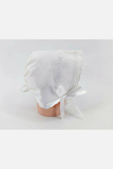Carriage Boutique white cotton baby bonnet with embroidered cross and scalloped edge, satin ribbon tie.