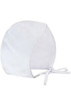 Carriage Boutique white baby christening bonnet with soft fabric and tie closure for a formal religious ceremony.