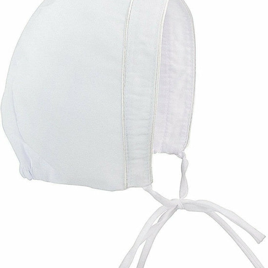 Carriage Boutique white cotton christening bonnet with delicate trim and tie closure for baby boys.