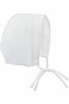 Carriage Boutique white cotton christening bonnet with delicate trim and tie closure for baby boys.
