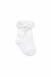 Carriage Boutique white baby girl christening socks featuring a delicate satin bow and intricate knit pattern