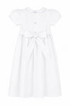Carriage Boutique white christening gown with pink trim, peter pan collar, and back bow detail for baby girls.