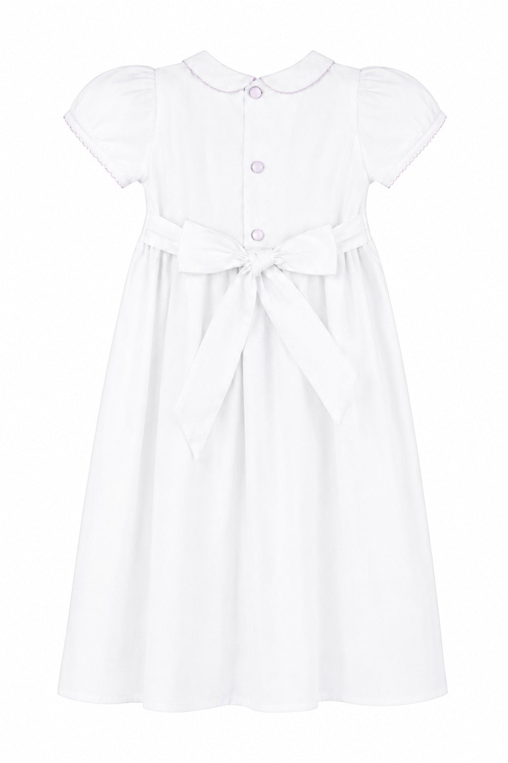 Carriage Boutique white christening gown with pink trim, peter pan collar, and back bow detail for baby girls.