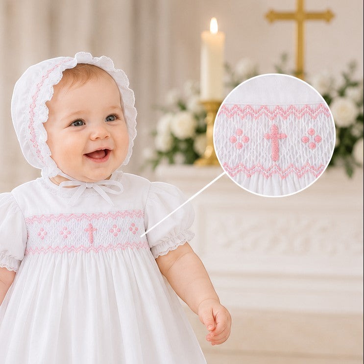 Carriage Boutique white christening gown with pink hand-smocked yoke, embroidered cross, and matching ruffled bonnet.