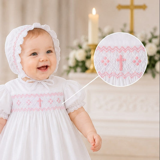 Carriage Boutique white christening gown with pink hand-smocked yoke, embroidered cross, and matching ruffled bonnet.