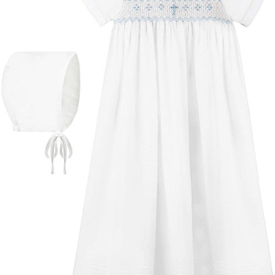 Carriage Boutique white baby boy christening gown with hand-smocked yoke, baby blue bullion cross, and matching bonnet