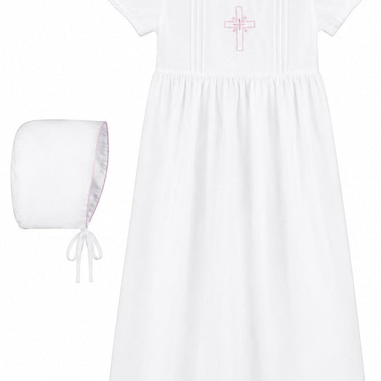Carriage Boutique baby girl white christening gown with pink embroidered cross and matching bonnet