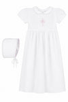 Carriage Boutique baby girl white christening gown with pink embroidered cross and matching bonnet