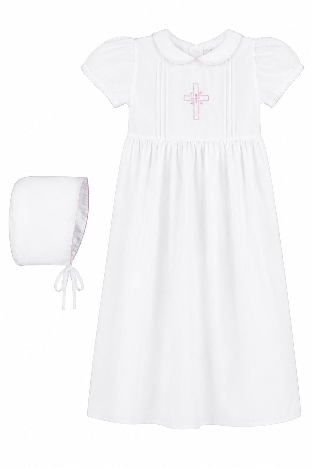 Carriage Boutique baby girl white christening gown with pink embroidered cross and matching bonnet