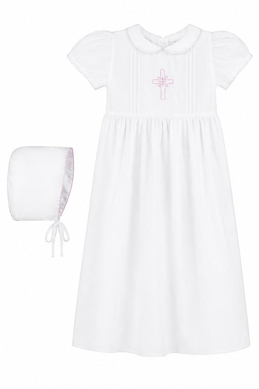 Carriage Boutique baby girl white christening gown with pink embroidered cross and matching bonnet