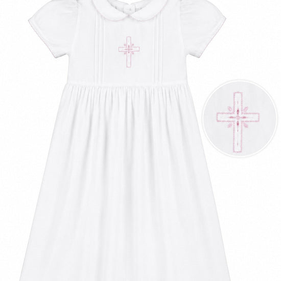 Carriage Boutique white baby girl christening gown with pink embroidered cross detail and peter pan collar