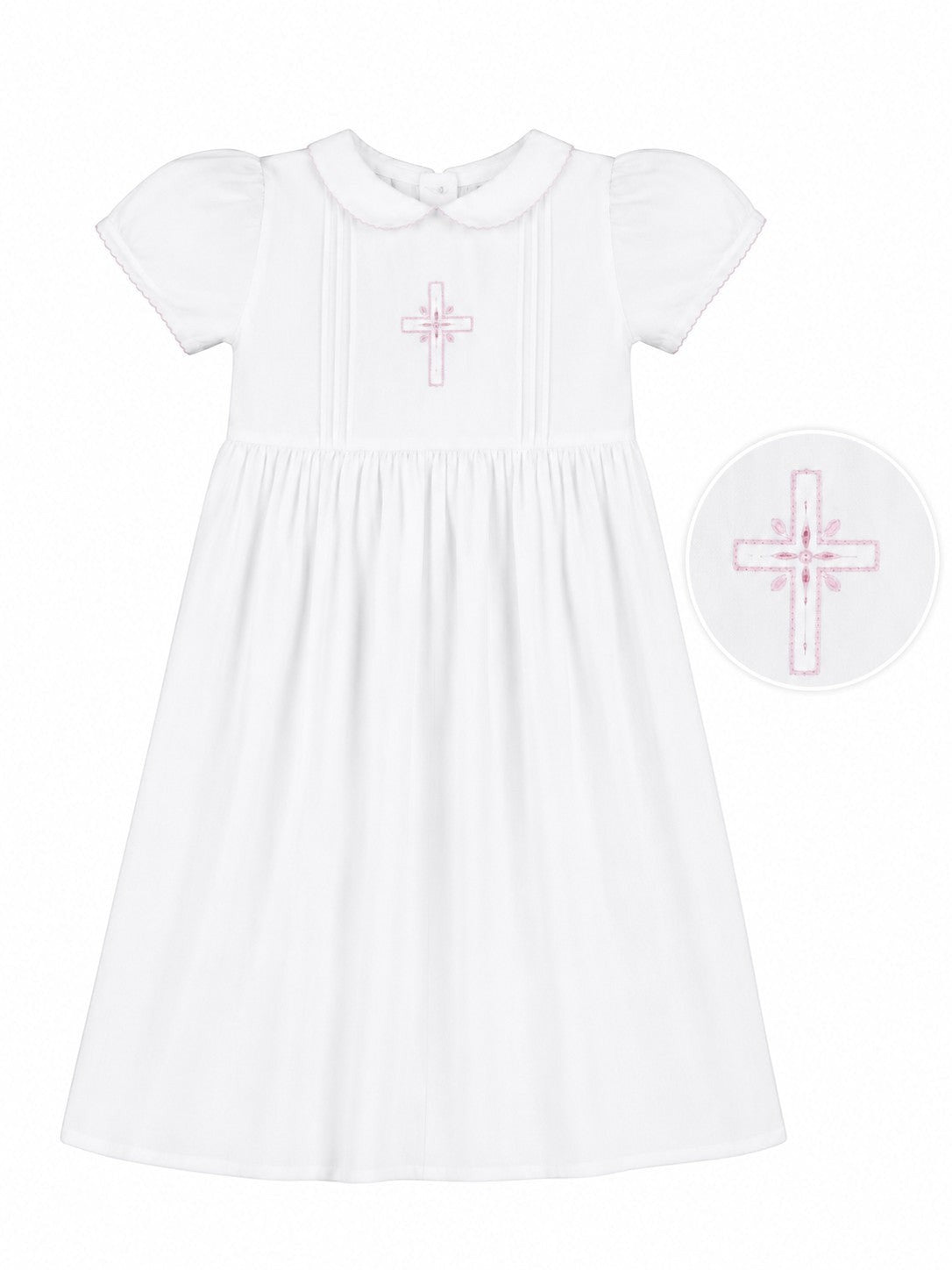 Carriage Boutique white baby girl christening gown with pink embroidered cross detail and peter pan collar