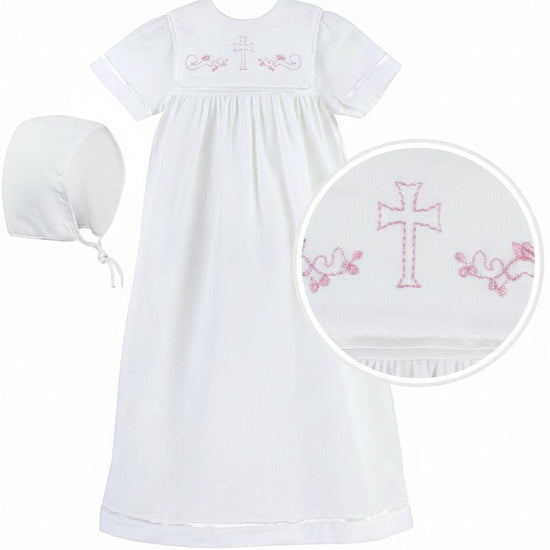 Carriage Boutique white baby christening gown with matching bonnet featuring delicate pink cross embroidery