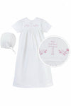 Carriage Boutique white baby christening gown with matching bonnet featuring delicate pink cross embroidery