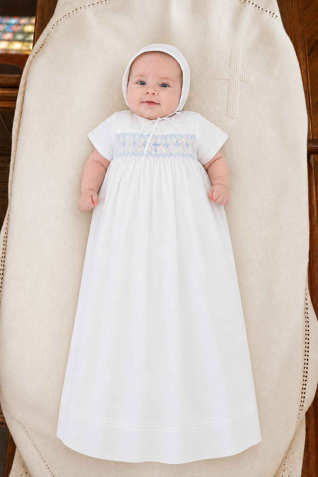 Carriage Boutique baby boy white christening gown with hand-smocked yoke and baby blue cross detail, includes bonnet.