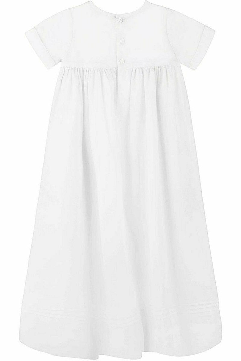 Carriage Boutique white baby boy christening gown with short sleeves and button back closure