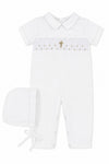 Carriage Boutique white baby boy christening longall with hand smocked gold cross detail and matching bonnet.