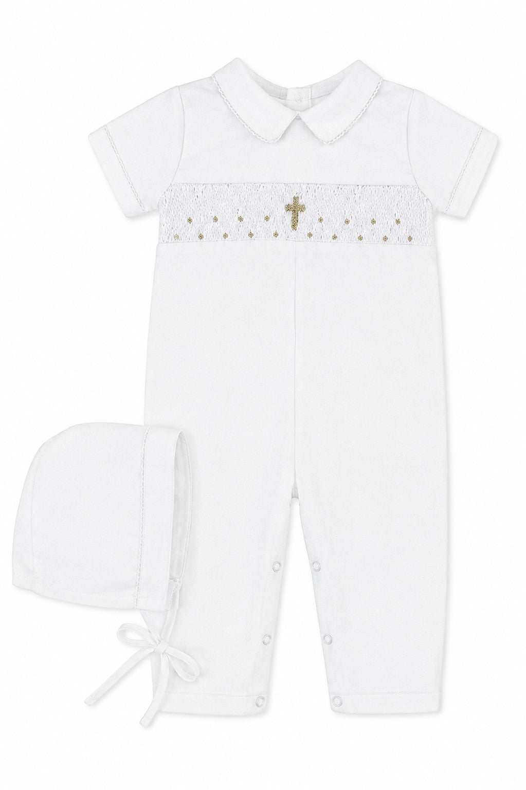 Carriage Boutique white baby boy christening longall with hand smocked gold cross detail and matching bonnet.