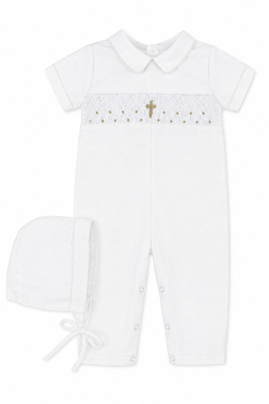Carriage Boutique white baby boy christening longall with hand smocked gold cross detail and matching bonnet.