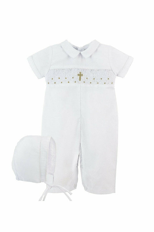 Carriage Boutique white baby boy christening longall with hand smocked gold cross detail and matching bonnet.