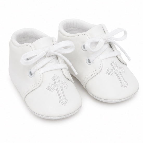 Carriage Boutique white baby boy christening shoes with delicate cross embroidery and soft lace-up closure